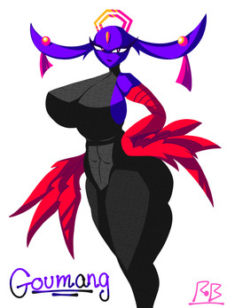 angry anthro big_breasts big_butt breasts butt crown eyelashes feathered_wings feathers female headgear jewelry male purple_body side_boob simple_background solo thick_eyelashes thick_thighs wings rbgarts nine_sols red_candle_games goumang_(nine_sols) domestic_cat felid feline felis mammal solarian absurd_res hi_res signature