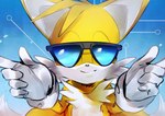 5_fingers abstract_background anthro blue_eyewear blue_sunglasses cheek_tuft chest_tuft clothing eyewear facial_tuft fingers fur gloves handwear looking_at_viewer male pose simple_background smile smiling_at_viewer solo sunglasses tuft white_body white_fur yellow_body yellow_fur young young_male pachirisus sega sonic_the_hedgehog_(series) miles_prower canid canine fox mammal 2022 digital_media_(artwork) digital_painting_(artwork) shaded simple_shading