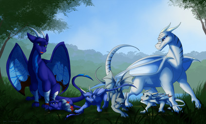 day detailed_background female feral grass group horn male membrane_(anatomy) membranous_wings plant sitting sky smile standing sun tail wings kitchiki mythology dragon mythological_creature mythological_scalie scalie hi_res