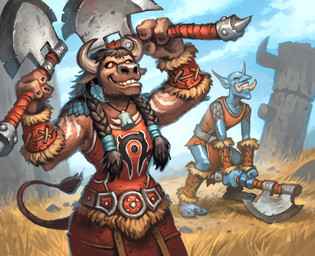 3_fingers anthro armor axe blue_body braided_hair brown_hair cloud day duo female fingers grass hair holding_axe holding_object horde_symbol_(warcraft) humanoid_pointy_ears loose_feather male outside plant pointy_ears smile tail tusks matt_dixon blizzard_entertainment hearthstone warcraft bovid bovine humanoid mammal tauren troll_(warcraft) 2021 absurd_res hi_res official_art