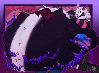 abdominal_bulge ambiguous_gender anthro belly big_belly bodily_fluids body_outline bone bones_in_stomach burping clothing clothing_aside digestion drooling expansion fatal_vore fur hair huge_belly hyper hyper_belly imprint male male_pred markings mass_vore muffled multiple_prey onomatopoeia oral_vore organs overweight pink_markings purple_body purple_markings rumbling_stomach saliva same_size_vore simple_background sitting solo sound_effects squirming stomach struggling struggling_prey text thick_thighs tongue tongue_out torn_clothing unseen_prey vore weight_gain white_body white_fur white_hair noctiribean quinn_(noctiri) kobold scalie hi_res