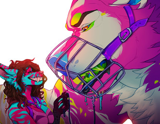 5_fingers amber_eyes ambiguous_feral ambiguous_gender anthro black_lips blue_nose blue_tongue breasts duo eyelashes female female_anthro feral fingers lips muzzle_(object) muzzled open_mouth simple_background smile snout sparklefur teeth tongue white_background wire_basket_muzzle twistedhound canid canine hybrid mammal 2019 absurd_res colorful_theme digital_media_(artwork) hi_res