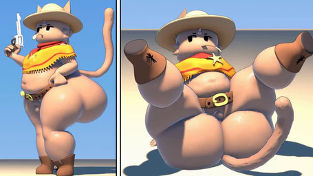 anthro balls belly big_belly big_butt boots bottomless bouncing_balls bouncing_belly bouncing_butt bouncing_penis butt cheek_tuft clothed clothing facial_tuft fingers flaccid footwear fur genitals glistening glistening_genitalia glistening_penis gun handgun holding_gun holding_handgun holding_object holding_ranged_weapon holding_revolver holding_weapon huge_butt humanoid_genitalia humanoid_penis legs_up light male micropenis moobs navel overweight overweight_anthro overweight_male penis pose ranged_weapon revolver scarf shaking_butt sheriff_badge shoes simple_background small_balls small_penis solo standing tan_balls tan_body tan_penis tan_skin thick_thighs topwear tuft weapon wheat_in_mouth wide_hips fanfurry domestic_cat felid feline felis mammal 16:9 3d_(artwork) 3d_animation animated colored digital_media_(artwork) lighting no_sound shaded short_playtime webm widescreen