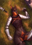 andromorph anthro armor_plates black_body black_fur fur intersex male melee_weapon solo sword weapon keikillu rely_(thatguywithmultiplecharacters) alligatorid caiman canid canine canis crocodilian dobermann domestic_dog hybrid mammal pinscher reptile scalie hi_res