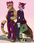 alternative_fashion anthro blue_eyes clothed clothing cosplay costume duo fur male markings punk spots spotted_body spotted_fur standing akitamonster soul_eater maka_albarn soul_evans cheetah felid feline mammal pantherine tiger 4:5