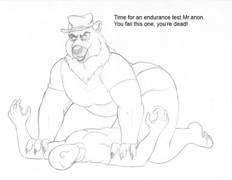 all_fours anthro bodily_fluids claws clothing dialogue duo female hat headgear headwear human_on_anthro interspecies larger_female looking_down lying male on_back pinned pinned_arms question_mark size_difference smile solo_focus sweat sweatdrop text toe_claws unknown_artist disney zootopia anon major_friedkin bear human mammal polar_bear ursine 2016 black_and_white english_text monochrome source_request