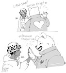 anthro clothing dialogue duo gesture hat headgear headwear heart_symbol high_five hoodie humanoid_hands male simple_background text topwear white_background nekokat42 one_piece bepo_(one_piece) trafalgar_law bear human mammal minkmen_(one_piece) polar_bear ursine 2024 english_text hi_res monochrome