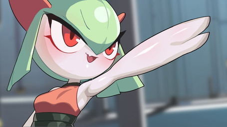 2_fingers black_clothing black_topwear breasts clothed clothing extended_arm female fingers green_hair hair iris multicolored_body multicolored_clothing multicolored_topwear not_furry pupils red_clothing red_eyes red_topwear small_breasts solo three-quarter_view tongue topwear two_tone_clothing two_tone_topwear white_arms white_body white_skin drunk_oak nintendo pokemon generation_3_pokemon humanoid kirlia pokemon_(species) 16:9 2022 hi_res widescreen