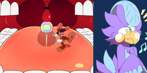 3_toes 4_fingers 5_fingers anthro beak big_feet big_tongue cartoon_gloves cartoon_physics cheek_bulge clothing dancing disco_ball duo eyewear feet fingers glasses in_mouth inside_mouth macro male male/male mawplay micro orange_tongue pawpads paws shirt slapstick slapstick_humor soles tail thick_tongue toes tongue toony toony_moment topwear uvula uvula_play vore wearing_glasses wide_tongue wing_fingers klizlove roderick_(tamerkoh) toon_twack_(klizlove) twack_(klizlove) avian bird lagomorph leporid mammal rabbit absurd_res alpha_channel comic hi_res