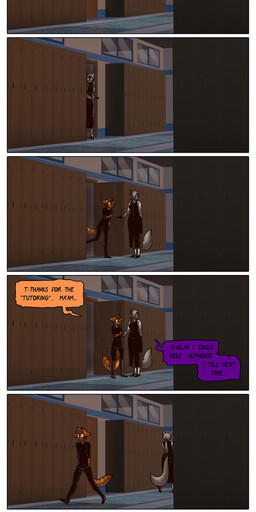 age_difference anthro black_clothing black_footwear clothing dialogue duo female flats_(shoes) footwear male male/female school school_hallway shoes student teacher teacher_and_student text james_howard patreon agatha_(james_howard) alphonse_(james_howard) cougar domestic_cat felid feline felis mammal absurd_res comic english_text hi_res url