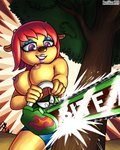 anthro big_breasts breasts chainsaw clothed clothing female fur hair horn nipples orange_body orange_fur partially_clothed plant power_tool purple_eyes red_hair smile solo teeth thick_thighs tools topless tree wide_hips revtilian parappa_the_rapper sony_corporation sony_interactive_entertainment um_jammer_lammy lammy_lamb bovid caprine mammal sheep 2019 4:5 absurd_res hi_res