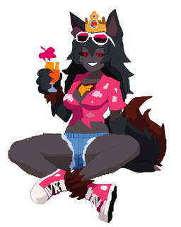 anthro black_hair boots bottomwear burger_king_crown clothing container cup drinking_glass ears_up eyebrows female footwear fur glass glass_container glass_cup grey_body grey_fur hair looking_at_viewer monster_girl_(genre) red_eyes shirt shoes shorts sitting smile smiling_at_viewer solo tail teeth teeth_showing topwear gorgonwriting monster_girl_encyclopedia hellhound_(mge)