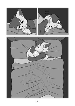 anthro bed bed_sheet bedding blush blush_lines caressing caressing_cheek caressing_face cheek_tuft covering cuddling duo emanata eyes_closed facial_tuft floppy_ears furniture hair hand_on_cheek head_on_chest hug long_sleeve_shirt long_sleeves male male/male narrowed_eyes onomatopoeia pillow pivoted_ears smile sound_effects sucking text thumb_suck tuft young young_anthro young_male minishadefox elliot_vance nico_florence canid canine canis domestic_dog mammal absurd_res black_and_white hi_res monochrome cousins_(lore)