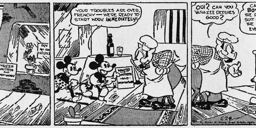 anthro apron bottomwear clothed clothing dialogue female fingers footwear gloves group handwear hat headgear headwear male text trio floyd_gottfredson roy_nelson disney mickey_mouse minnie_mouse domestic_pig mammal mouse murid murine rodent suid suine sus_(pig) 1930 20th_century absurd_res ancient_art black_and_white comic dated english_text hi_res long_image monochrome signature wide_image