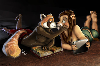 anthro anthro_on_anthro barefoot black_body black_fur book bottomwear brown_hair clothed clothing duo feet fur glistening glistening_eyes green_bottomwear green_clothing green_shorts hair holding_tablet long_hair lying male male/male mouth_closed narrowed_eyes nipples on_front orange_body orange_eyes orange_fur orange_tail red_bottomwear red_clothing red_shorts shorts tail tail_tuft topless tuft pandapaco ailurid felid lion mammal pantherine red_panda 2012 dated