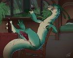 alcohol anthro beverage biped blush bodily_fluids bottle claws container countershade_face countershade_neck countershade_tail countershade_torso countershading cum fingers genital_fluids genitals green_body male penis plant solo tail tongue tongue_out benji_(artist) noveil_(benji) lisko scalie 5:4 hi_res