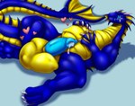 anthro anthro_pred balls big_balls bloated blue_body bodily_fluids cock_vore countershading cum drooling erection genital_fluids genitals hand_on_own_belly heart_symbol holding_belly horn huge_balls hyper hyper_balls hyper_genitalia inside_balls licking licking_lips long_neck lying male male_pred multiple_prey nude on_back penile penis saliva smile tail tongue tongue_out unseen_prey vore willing_prey yellow_body yellow_countershading ifus mythology umiriko dragon mythological_creature mythological_scalie scalie 2020 absurd_res digital_media_(artwork) hi_res