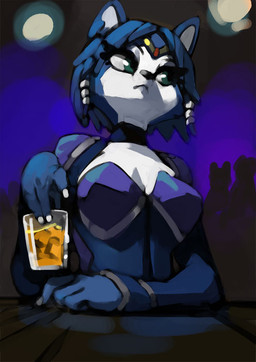 alcohol anthro beverage blue_body blue_fur blue_hair breasts claws cleavage clothed clothing container crown cup eyelashes female finger_claws flight_suit fur furniture glass glass_container glass_cup green_eyes hair headgear holding_container holding_cup holding_object looking_away solo table tiara white_body white_fur bittenhard nintendo star_fox krystal_(star_fox) canid canine fox mammal