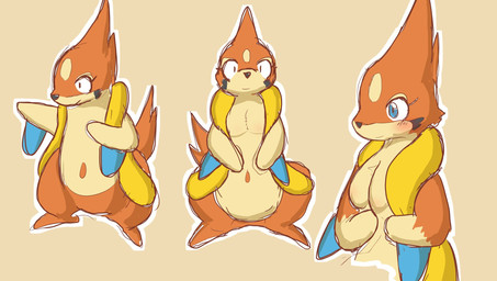 anthro blue_eyes blush breasts eyelashes featureless_breasts female gesture hand_gesture looking_at_viewer pointing simple_background small_breasts solo ne_i_ro nintendo pokemon floatzel generation_4_pokemon pokemon_(species) hi_res