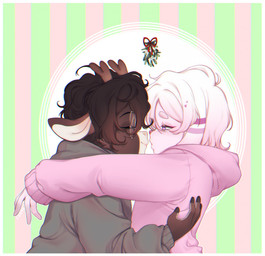 anthro antlers border brown_antlers brown_body brown_ears brown_fur brown_hair clothed clothing duo ears_down eyelashes eyes_closed eyewear female floppy_ears fur glasses gradient_hair grey_clothing grey_hoodie grey_topwear hair half-closed_eyes hoodie horn hug imminent_kiss narrowed_eyes pattern_background pink_body pink_clothing pink_ears pink_eyes pink_fur pink_hair pink_hoodie pink_nose pink_topwear pivoted_ears round_glasses simple_background striped_background striped_body striped_ears striped_fur stripes topwear white_body white_border white_ears white_fur white_hair white_inner_ear sonyan digital_media_(artwork) hi_res shaded