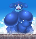 anthro anthrofied big_breasts blue_body breasts building city cloud featureless_breasts female landscape_dwarfing looking_down macro sky skyscraper solo tongue tongue_out kify nintendo pokemon generation_7_pokemon mammal marine pinniped pokemon_(species) popplio 2020 hi_res