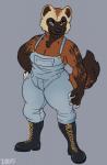 anthro boots breasts clothed clothing female footwear fur looking_at_viewer shoes simple_background solo suspenders dbd gulonine mammal mustelid musteline wolverine