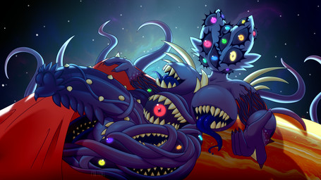 anthro back_tentacles backlighting balls bedding big_balls big_breasts big_penis blanket blue_eyes bodily_fluids breasts colored_nails erection fur genitals glowing glowing_eyes green_eyes gynomorph horror_(theme) huge_balls huge_penis intersex inviting light looking_at_viewer lying multi_eye multi_mouth nails nebula nipple_mouth nude open_mouth orange_eyes penis planet presenting red_eyes revealing_penis saliva seductive sharp_teeth slightly_chubby smile solo space spiked_penis spikes spikes_(anatomy) star surrealism teeth tentacles teratophilia tongue tongue_out unusual_anatomy unusual_genitalia vein veiny_penis what yellow_eyes polt.avi nintendo pokemon xeta_(stropeysheepbun) eldritch_abomination generation_1_pokemon gengar humanoid monster monstrous_humanoid pokemon_(species) 16:9 2023 4k absurd_res digital_drawing_(artwork) digital_media_(artwork) hi_res lighting shaded signature watermark widescreen