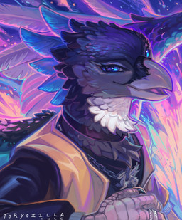 ambiguous_gender anthro beak black_body black_feathers blue_body blue_eyes blue_feathers choker clothing feathered_wings feathers iridescent jewelry necklace open_beak open_mouth pendant ring solo white_body white_feathers wings tokyozilla jykinturah_(character) avian bird corvid magpie_(corvid) oscine passerine hi_res nonbinary_(lore) trans_(lore)
