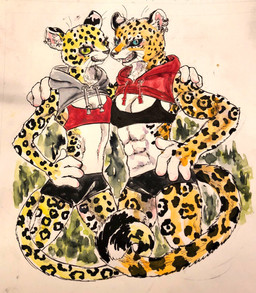 abs anthro blue_eyes bottomwear bra breasts clothed clothing duo ear_piercing female fur green_eyes hand_on_hip hoodie looking_at_viewer markings midriff muscular open_mouth piercing shorts simple_background smile spandex sports_bra spots spotted_body standing tail teeth tight_clothing topwear underwear yellow_body kyokyota cheetah felid feline leopard mammal pantherine 2018 hi_res painting_(artwork) traditional_media_(artwork) watercolor_(artwork)