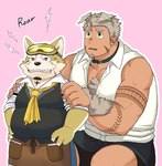 anthro body_hair chest_hair clothing duo eyewear facial_hair fur goggles grey_hair hair male muscular muscular_male mustache necktie short_stack size_difference topwear vest yellow_body yellow_fur unpluggedkey lifewonders live_a_hero gomeisa procy canid canine canis domestic_dog humanoid mammal