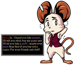 3_toes 4_fingers anthro armpit_fetish barefoot bodily_fluids bottomless cheek_tuft clothed clothing eyebrows facial_tuft feet female fingers fur looking_at_viewer notched_ear open_mouth paws pink_nose pit_anon plantigrade solo standing style_emulation sweat sweatdrop tail text toes topwear tuft vest white_body white_fur 4chan_anon unknown_artist mina_the_hollower yacht_club_games mina_(mina_the_hollower) mammal mouse murid murine rodent english_text hi_res