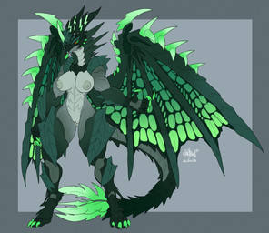 anthro areola biped black_body breasts claws duo female female_anthro finger_claws genitals green_body green_scales grey_body horn membrane_(anatomy) membranous_wings nipples nude nude_anthro nude_female pincer_tail red_sclera scales standing toe_claws vulva wings yellow_eyes chorsinnell39 capcom monster_hunter astalos boltreaver_astalos elder_dragon flying_wyvern hybrid malzeno primordial_malzeno 2026 digital_media_(artwork) full-length_portrait hi_res portrait