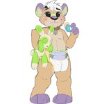 anthro bell bell_collar blep brown_collar cheek_tuft clean_diaper clothed clothing collar diaper facial_tuft front_view fur glistening glistening_eyes green_ears hair holding_object holding_plushie looking_at_viewer male messy_hair pink_tongue plushie purple_ears purple_fingers purple_toes short_hair simple_background solo standing tan_body tan_fur tongue tongue_out topless tuft unsigned wearing_diaper white_background white_diaper white_hair yellow_diaper young young_anthro heyitsjaq felid lion mammal pantherine full-length_portrait hi_res portrait