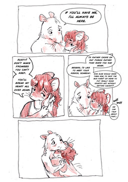 anthro biped dialogue duo female fur hair hug male male/female simple_background size_difference smaller_female speech_bubble text bedupolker mariella_mazatzal rusty_reavis cricetid deer_mouse mammal mouse murid murine rodent comic english_text hi_res trans_(lore) trans_man_(lore)