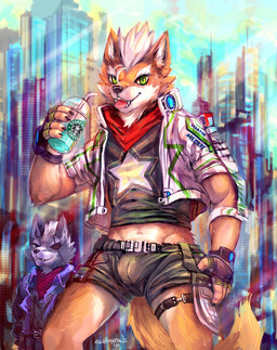 anthro beverage bottomwear bulge city cityscape clothed clothing detailed_background duo eye_patch eyewear fingerless_gloves front_view gloves green_eyes handwear jacket looking_at_viewer male midriff shorts tail text text_on_clothing text_on_jacket text_on_topwear tongue tongue_out topwear cheetahpaws nintendo star_fox starbucks fox_mccloud wolf_o'donnell canid canine canis fox mammal wolf 2019 hi_res
