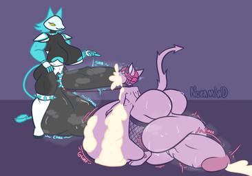 anthro balls belly big_balls big_belly big_breasts big_butt big_penis bodily_fluids boots bracelet breasts butt clothed clothing collar cum cum_ballooning cum_inflation cum_inside dominant dominant_gynomorph dominant_intersex duo ejaculation excessive_cum excessive_genital_fluids fellatio femboy fishnet_clothing fishnet_legwear footwear genital_fluids genitals gynomorph hands-free huge_balls huge_belly huge_breasts huge_butt huge_penis hyper hyper_balls hyper_belly hyper_butt hyper_genitalia hyper_penis inflation intersex jewelry legwear leotard male muscular muscular_gynomorph muscular_intersex muscular_thighs musk oral oral_orgasm orgasm penile penis sex shoes simple_background spiked_bracelet spiked_collar spikes sweat sweaty_balls sweaty_butt sweaty_genitalia sweaty_penis thick_thighs wide_hips nokamiwd deltarune undertale_(series) tasque_manager demon domestic_cat felid feline felis mammal hi_res