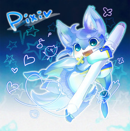 anthro blue_body blue_eyes blue_fur clothing countershade_face countershading drawing_(action) dress female fur holding_object holding_pen kemono open_mouth pen solo shimabo pixiv-tan 2008