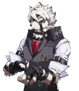 anthro bottomwear butler clock clothing fur hair leather leather_strap locket male muzzle_(object) pants red_eyes simple_background solo straps suit topwear waiter_suit watch white_background white_body white_fur white_hair yed mihoyo zenless_zone_zero von_lycaon canid canine canis mammal wolf 2022 absurd_res digital_media_(artwork) hi_res