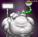 anthro belly big_belly bodily_fluids burger food fur genital_fluids hair heart_symbol hose hose_in_mouth hose_inflation huge_belly hyper hyper_belly inflation inflation_bulb looking_pleasured machine male morbidly_obese obese obese_anthro overweight overweight_anthro overweight_male pink_eyes precum puffed_cheeks purple_hair solo text weighing_scale weight_gain white_body white_fur wide_hips elysios kyun_(dahliathefox) bovid caprine goat mammal english_text hi_res