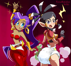 armor bandeau big_diaper black_eyes black_hair blue_eyes blush bonnet clothing diaper duo ear_piercing ear_ring exposed_diaper feces female gauntlets gloves hair handwear headgear headwear metal_bra not_furry open_mouth piercing pointy_ears poof pooping purple_hair ring_piercing smelly smile soiled_diaper soiling soiling_diaper solo sparkles stink_fumes stink_lines surprised topwear torn_clothing unclean_diaper used_diaper toonbabifier shantae_(series) wayforward shantae zapple_(shantae) half_genie humanoid absurd_res hi_res