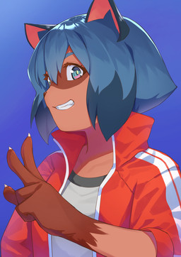 5_fingers anthro blue_eyes blue_hair brown_body brown_fur brown_nose clothed clothing female fingers fully_clothed fur gloves_(marking) hair jacket markings multicolored_eyes open_clothing open_jacket open_topwear pink_eyes short_hair smile solo topwear lizzy_imo brand_new_animal studio_trigger michiru_kagemori canid canine mammal raccoon_dog tanuki 2020 hi_res