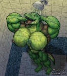 abs anthro biceps big_breasts breasts female happy huge_breasts muscular muscular_anthro muscular_female nipples non-mammal_breasts non-mammal_nipples nude open_mouth shower solo tail teeth water wet thematelija crocodile crocodilian reptile scalie 2012 hi_res