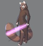 anthro barefoot blonde_hair brown_body brown_fur clothing feet fur hair lightsaber looking_at_viewer male markings melee_weapon mostly_nude multicolored_body multicolored_fur pink_lightsaber robe robe_only simple_background solo striped_markings striped_tail stripes tail tail_markings two_tone_body two_tone_fur weapon minedoo star_wars minedoo_(character) ailurid mammal red_panda hi_res