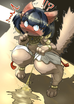 accessory accident anthro black_hair bodily_fluids breasts brown_body brown_fur caught_in_the_act clothed clothing egyptian egyptian_clothing egyptian_headdress embarrassed female fur genital_fluids hair peeing sand solo urine usekh wetting mttbsmn domestic_cat felid feline felis mammal absurd_res hi_res