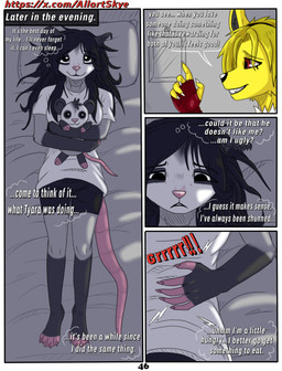 anthro black_body black_fur black_hair blonde_hair dialogue female fur grey_body grey_fur hair pink_body pink_nose red_eyes solo text white_body white_fur yellow_body yellow_fur allartskye nintendo pokemon jolyne_(allartskye) kia_(allartskye) eeveelution generation_1_pokemon jolteon pokemon_(species) comic english_text hi_res url