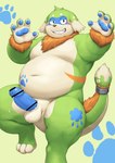 anthro balls belly big_belly brown_body erection genitals green_body humanoid_hands kemono male moobs navel overweight overweight_male penis solo barontoko pento_(kamiyu) canid canine mammal 2022 absurd_res censored hi_res