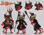 angry anthro bancho clothing front_view jacket long_tail male melee_weapon occult_symbol orange_sclera pentagram polearm rear_view red_eyes sad shocked side_view solo symbol tail topwear trident weapon marsminer hakan demon imp hi_res model_sheet