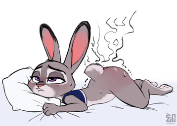 anthro bed bite biting_lip biting_own_lip bodily_fluids bottomless bottomless_female bra bruised bruised_butt butt clothed clothing dipstick_ears dipstick_tail ear_markings female furniture half-closed_eyes head_on_pillow lying lying_on_bed markings multicolored_ears narrowed_eyes on_bed on_front pillow self_bite solo sports_bra steamy_butt sweat sweaty_body tail tail_markings underwear wide_hipped_female wide_hips zigrock001 disney zootopia judy_hopps european_rabbit lagomorph leporid mammal oryctolagus rabbit digital_media_(artwork) hi_res