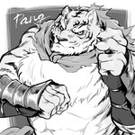 5_fingers anthro armguards claws eyebrows fingers fur humanoid_hands male muscular muscular_anthro muscular_male scarf shirtless solo striped_body striped_fur stripes thick_eyebrows nao901 sdorica pang_(sdorica) felid mammal pantherine tiger 1:1 2021 monochrome