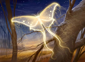 ambiguous_gender antennae_(anatomy) cloud detailed_background fence feral flying forest glowing glowing_body insect_wings night plant rear_view solo star tree wings howard_lyon hasbro magic:_the_gathering wizards_of_the_coast arthropod insect lepidopteran moth 2008 official_art